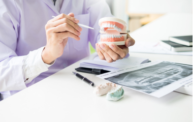 歯科治療の説明を行う歯科医師と模型を使った臨床指導の様子